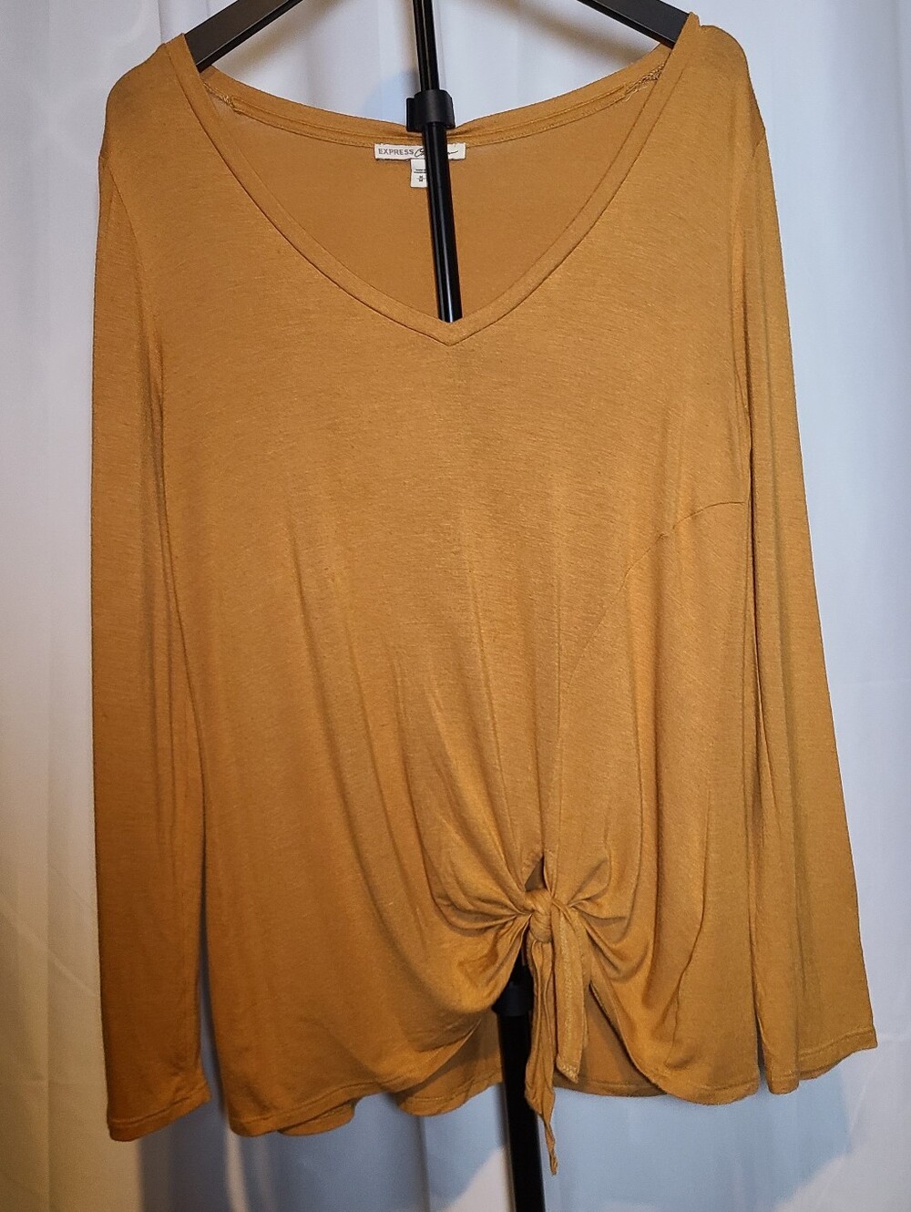 Express Women's Mustard Long-Sleeve V-Neck Tie-Front Top